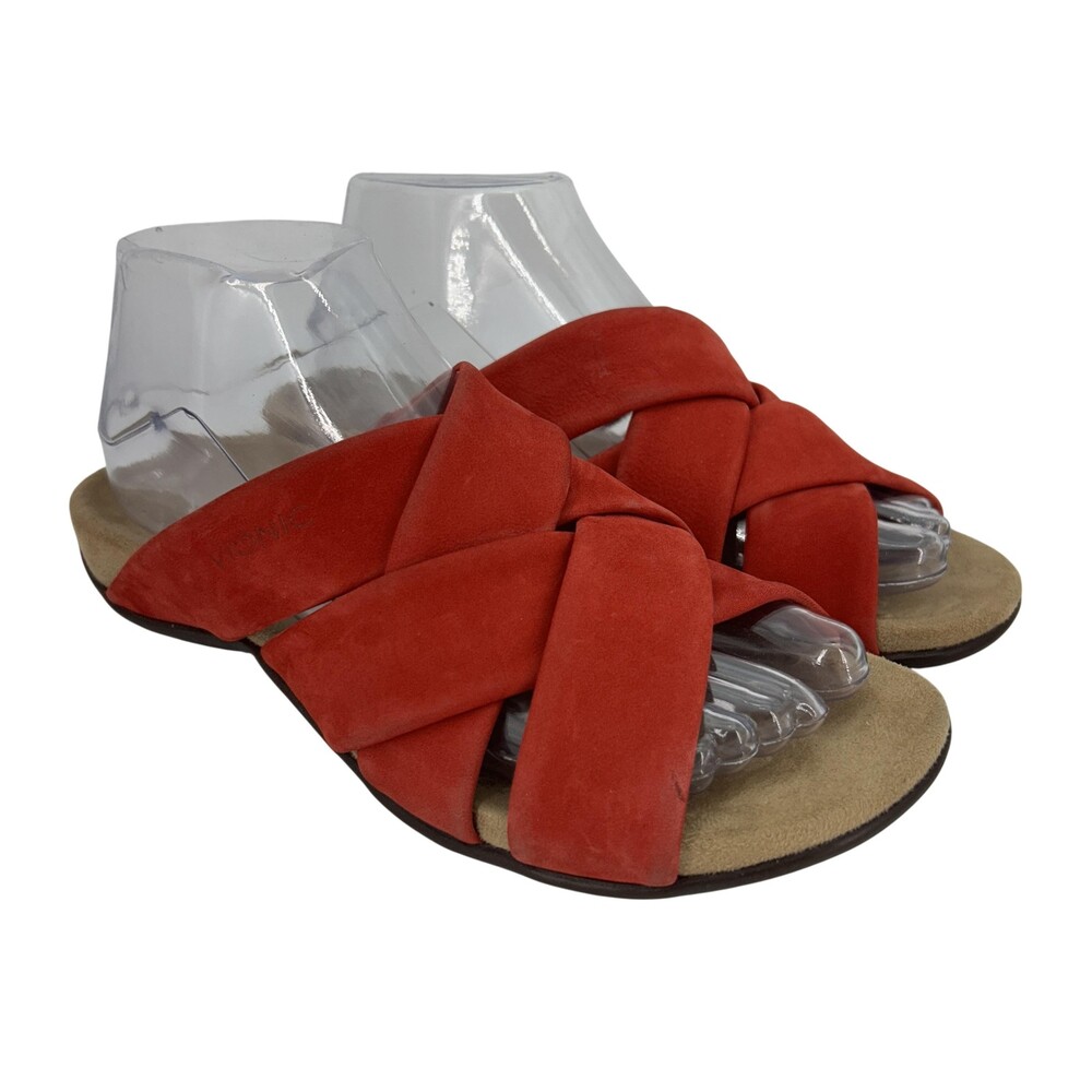 Vionic Sandals Shoes Womens Size 7 Red Juno Suede Slide Arch Support Comfort